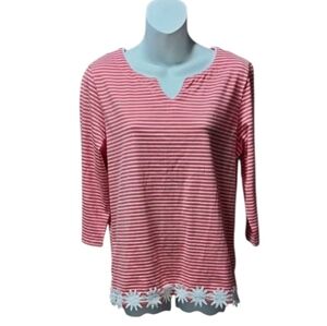 NWT Coral Bay Watermelon Sorbet and White Striped Blouse with Floral Trim ~M